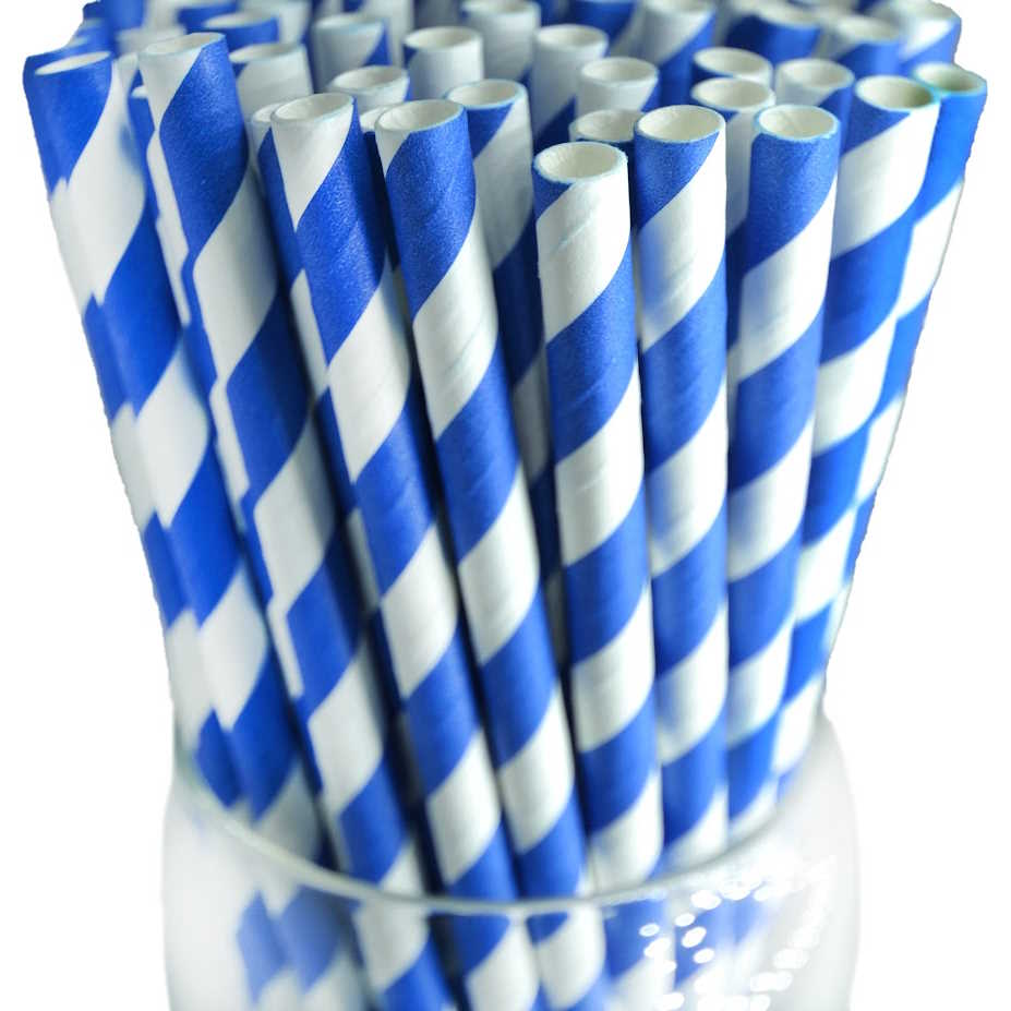 Four Drinking Straw Pink Blue Yellow Green Striped Stock Photo